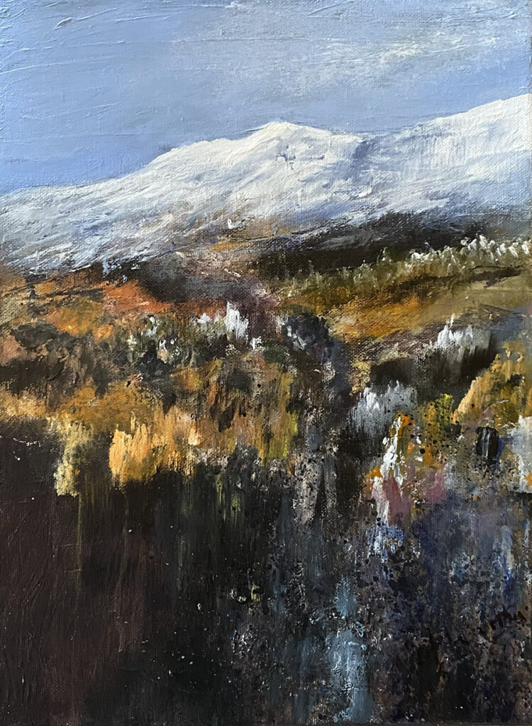 Painting of snowy peak with abstract forest below