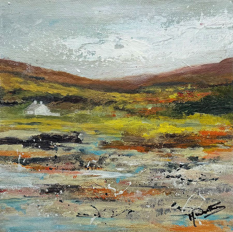 Painting of cottage beside the shore